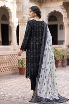 Zesh - 3PC Unstitched Embroidered Lawn Suit (Jet Black & Soft White)