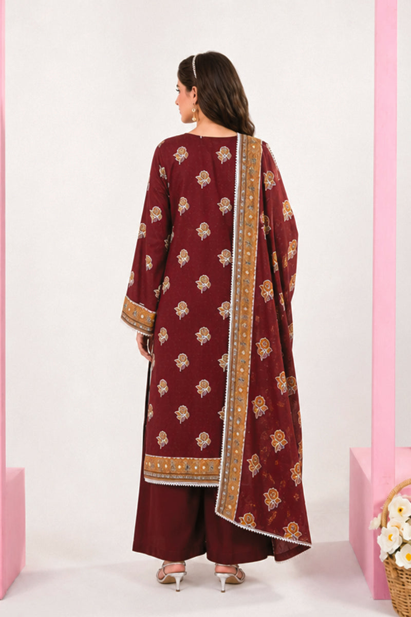 Zesh - Drop Fourteen Printed Series 3PC Unstitched Lawn Suit (Deep Maroon)