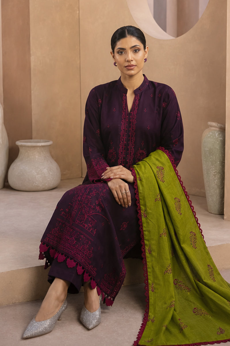 Mahrin By Johra - Premium 3PC Unstitched Embroidered Lawn Suit (Beetroot & Vibrant Stem)