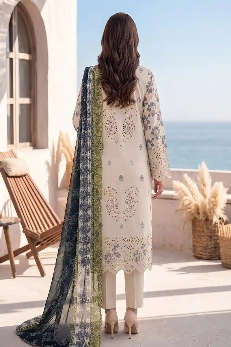 Zesh - 3PC Unstitched Embroidered Lawn Suit (Off-White)