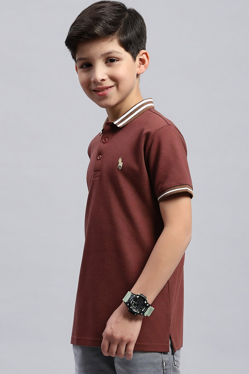 Boy's Textured Cotton Polo T-Shirt (Rust Brown)