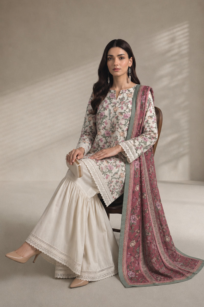 Khaadi – 3 Piece Unstiched Premium Printed Lawn Suit (Cream & Muted Berry)
