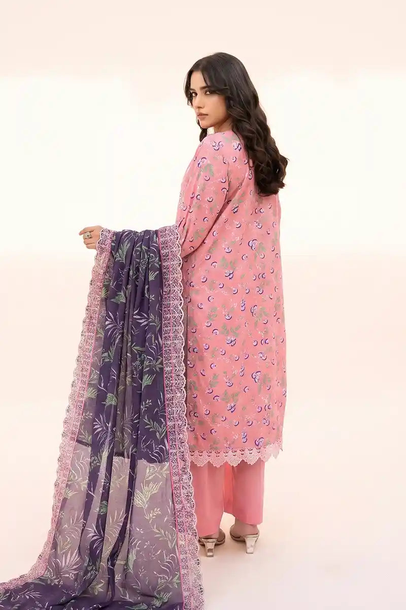 Zesh - 3PC Unstitched Embroidered Lawn Suit (Soft Rose Pink & Dark Purple)