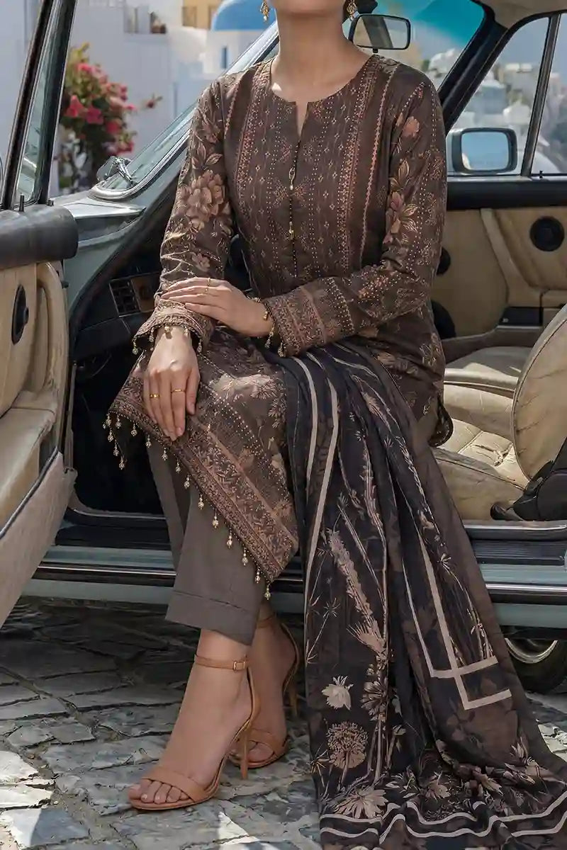 Aabruh Vol-1 3PC Unstitched Printed Lawn Suit (Dark Coffee Floral)