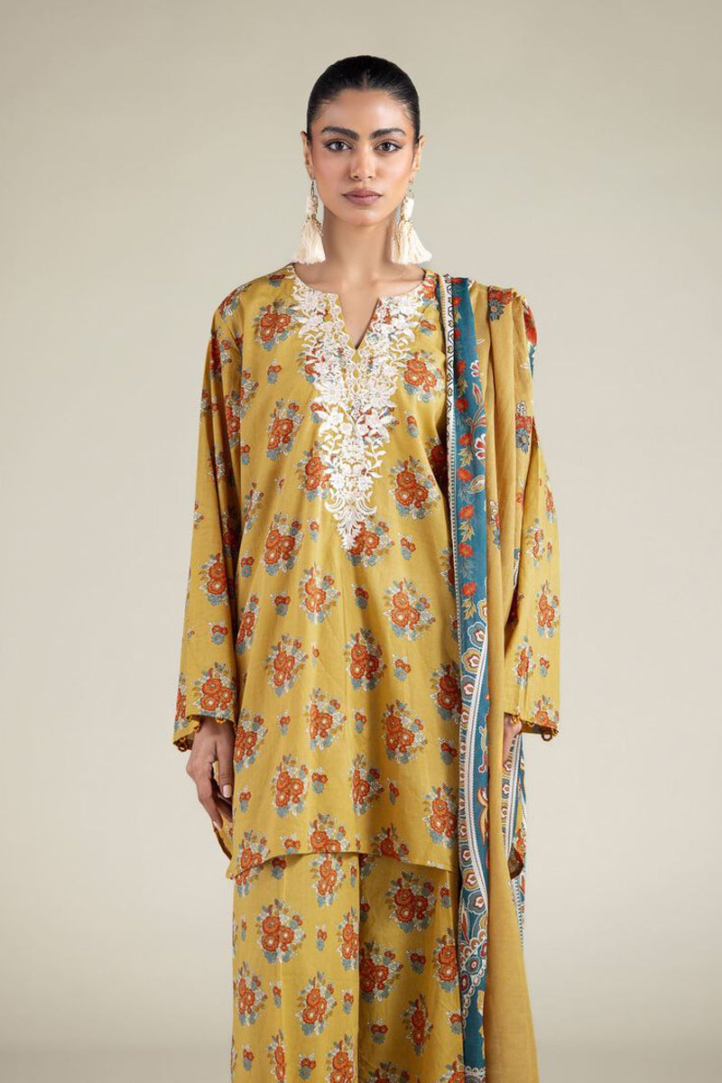 Khaadi – 3 Piece Unstitched Premium Embroidered Digital Printed Lawn Suit (Mustard Gold)