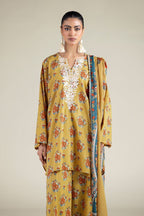 Khaadi – 3 Piece Unstitched Premium Embroidered Digital Printed Lawn Suit (Mustard Gold)