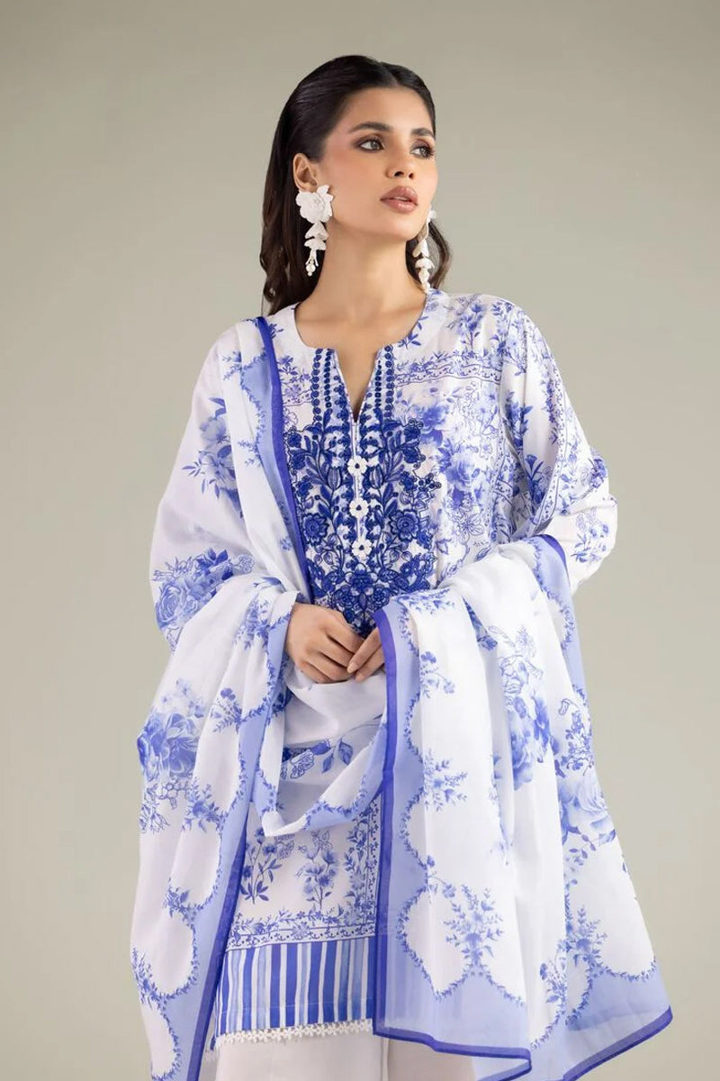 Khaadi – 3 Piece Unstitched Premium Embroidered Digital Printed Lawn Suit (Vivid Blue & White)