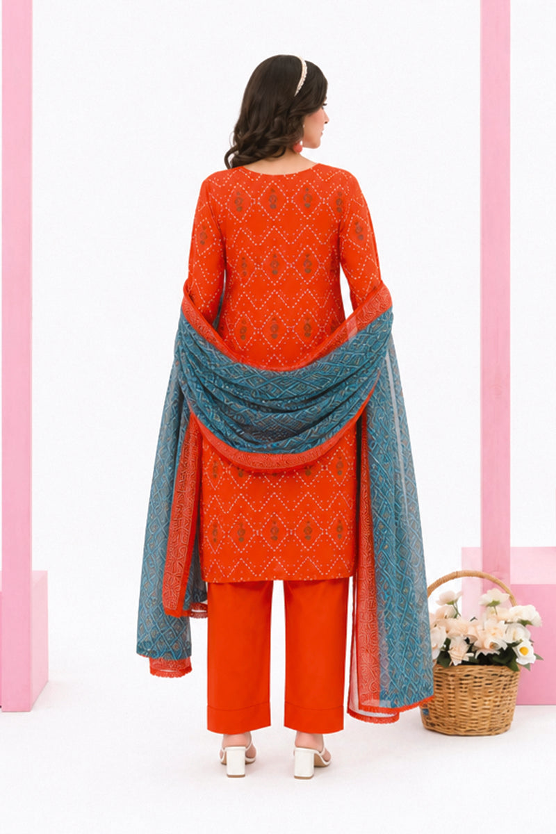 Zesh - Drop Fourteen Printed Series 3PC Unstitched Lawn Suit (Orange Flame)