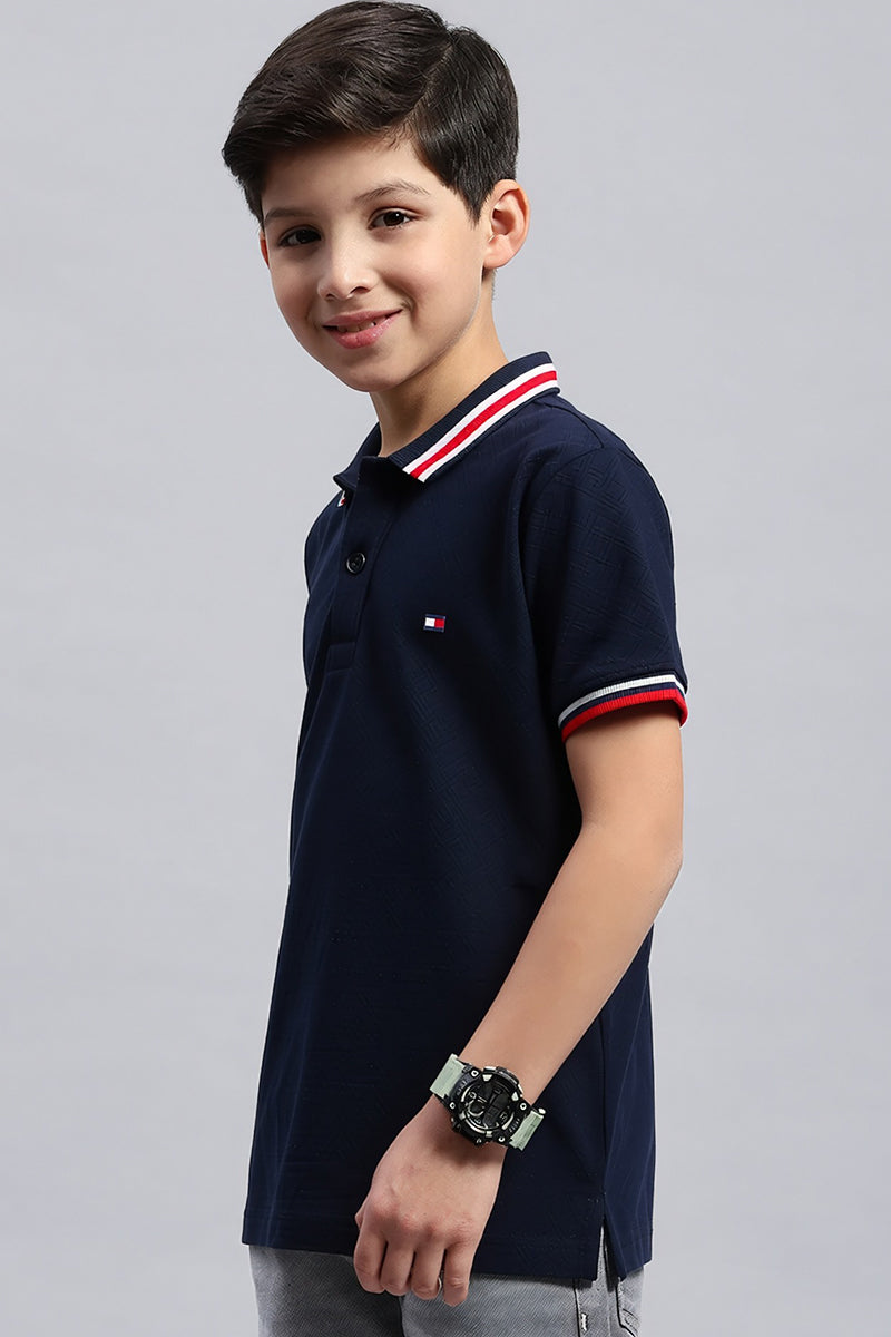 Boy's Textured Cotton Polo T-Shirt (Deep Midnight Navy)