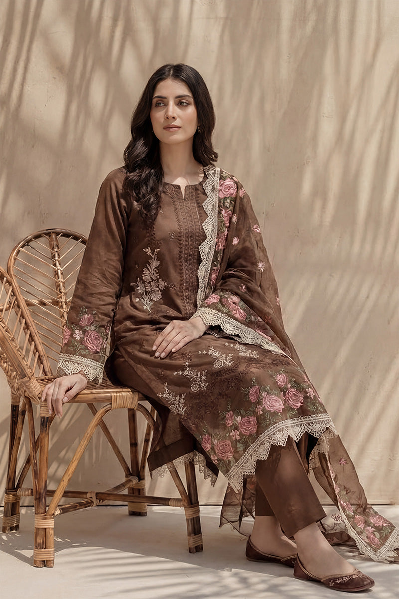 Millat - 3PC Unstitched Embroidered Lawn Suit (Coffee Brown)