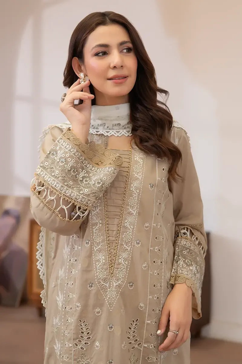 Aqua By Johra - 3PC Unstitched Embroidered Lawn Suit (Sandy Beige)