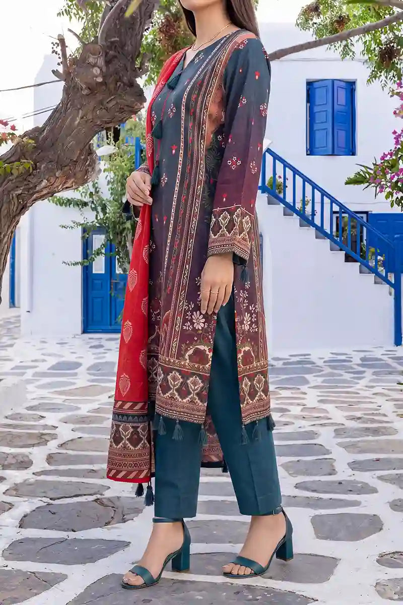 Aabruh Vol-1 3PC Unstitched Printed Lawn Suit (Deep Aubergine & Crimson)
