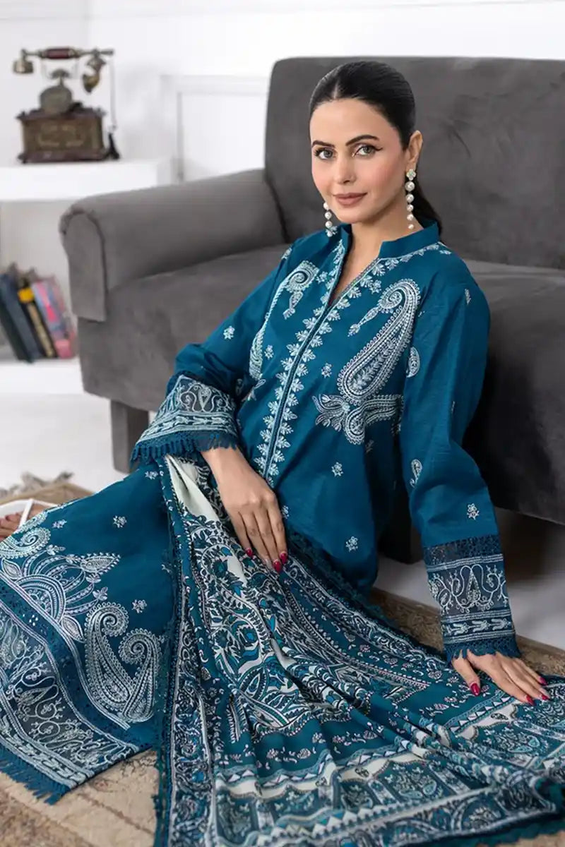 Muswa By Johra - 3PC Unstitched Embroidered Lawn Suit (Deep Teal Blue)