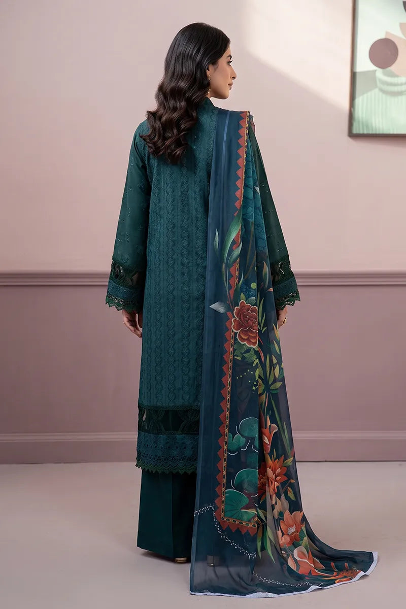 Gul-e-Seher By Johra - 3PC Unstitched Chikankari Lawn Suit (Deep Emerald)