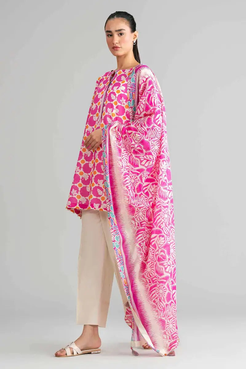 Sapphire Vol.7 - 3PC Unstitched Printed Lawn Suit (Vibrant Pink & Off-White)