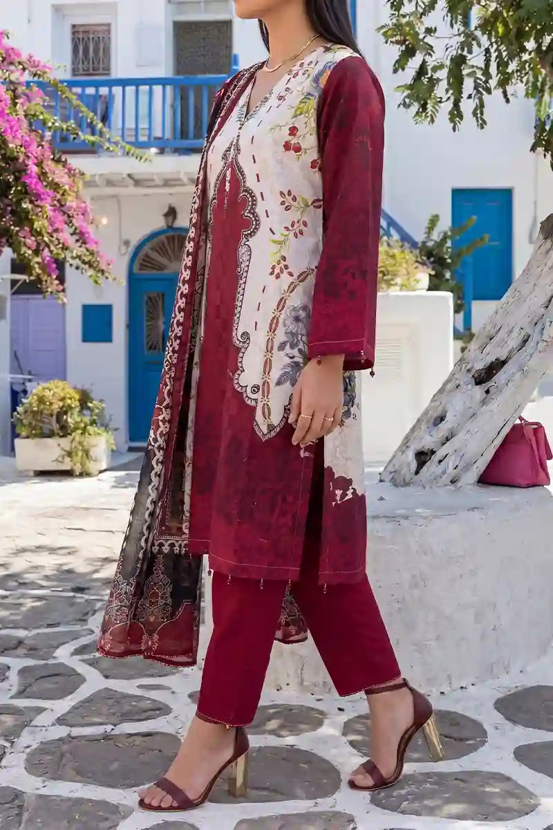 Aabruh Vol-1 3PC Unstitched Printed Lawn Suit (Deep Crimson Maroon & Off-White)