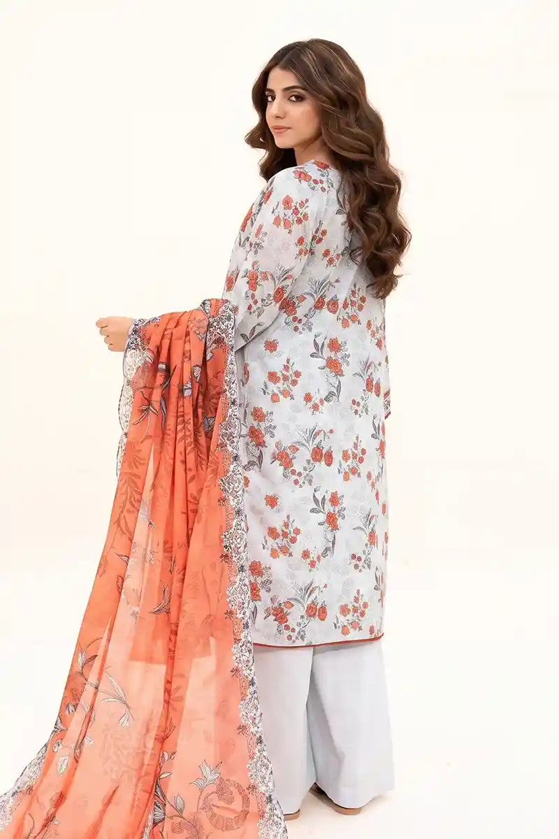 Zesh - 3PC Unstitched Embroidered Lawn Suit (Light Ice Blue & Dusty Peach)