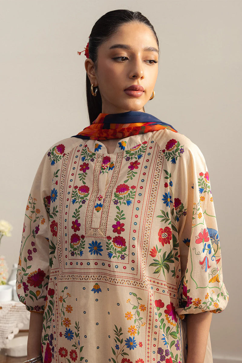 COCO By Zara Shahjahan - 3-Piece Unstitched Printed Lawn Suit (Soft Beige & Navy Blue)