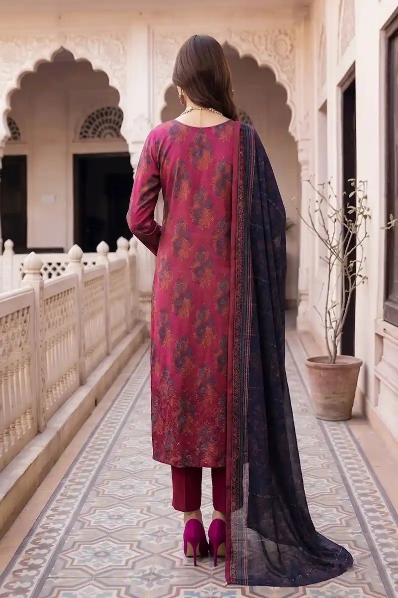 Zesh - 3PC Unstitched Embroidered Lawn Suit (Deep Magenta & Midnight Navy)