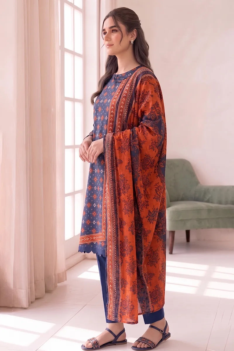 Women's Stitched 3-Piece Lawn Suit by KBC Fashion (Steel Blue)