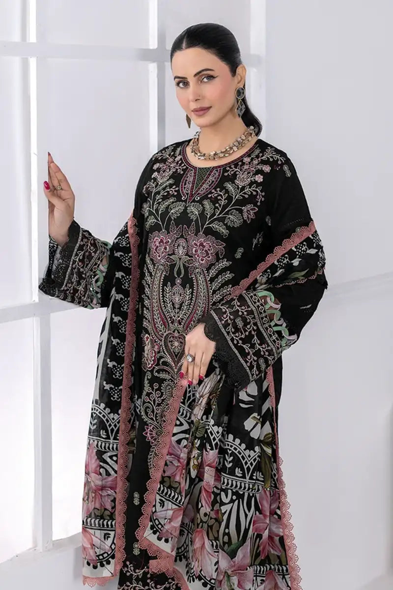 Muswa By Johra - 3PC Unstitched Embroidered Lawn Suit (Black)