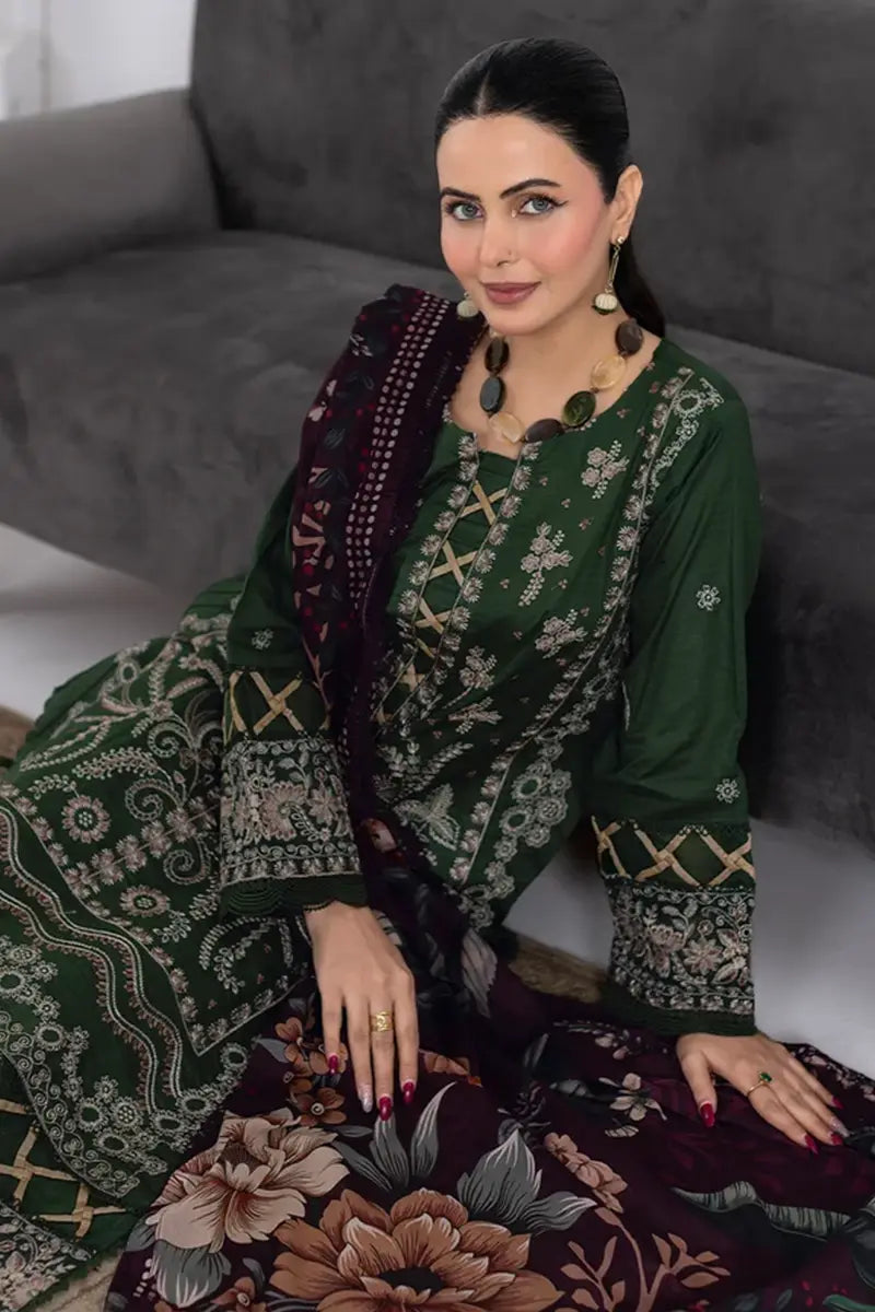 Muswa By Johra - 3PC Unstitched Embroidered Lawn Suit (Deep Forest Green)