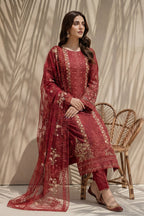 Millat - 3PC Unstitched Embroidered Lawn Suit (Deep Crimson)