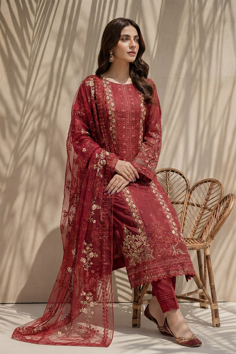 Millat - 3PC Unstitched Embroidered Lawn Suit (Deep Crimson)