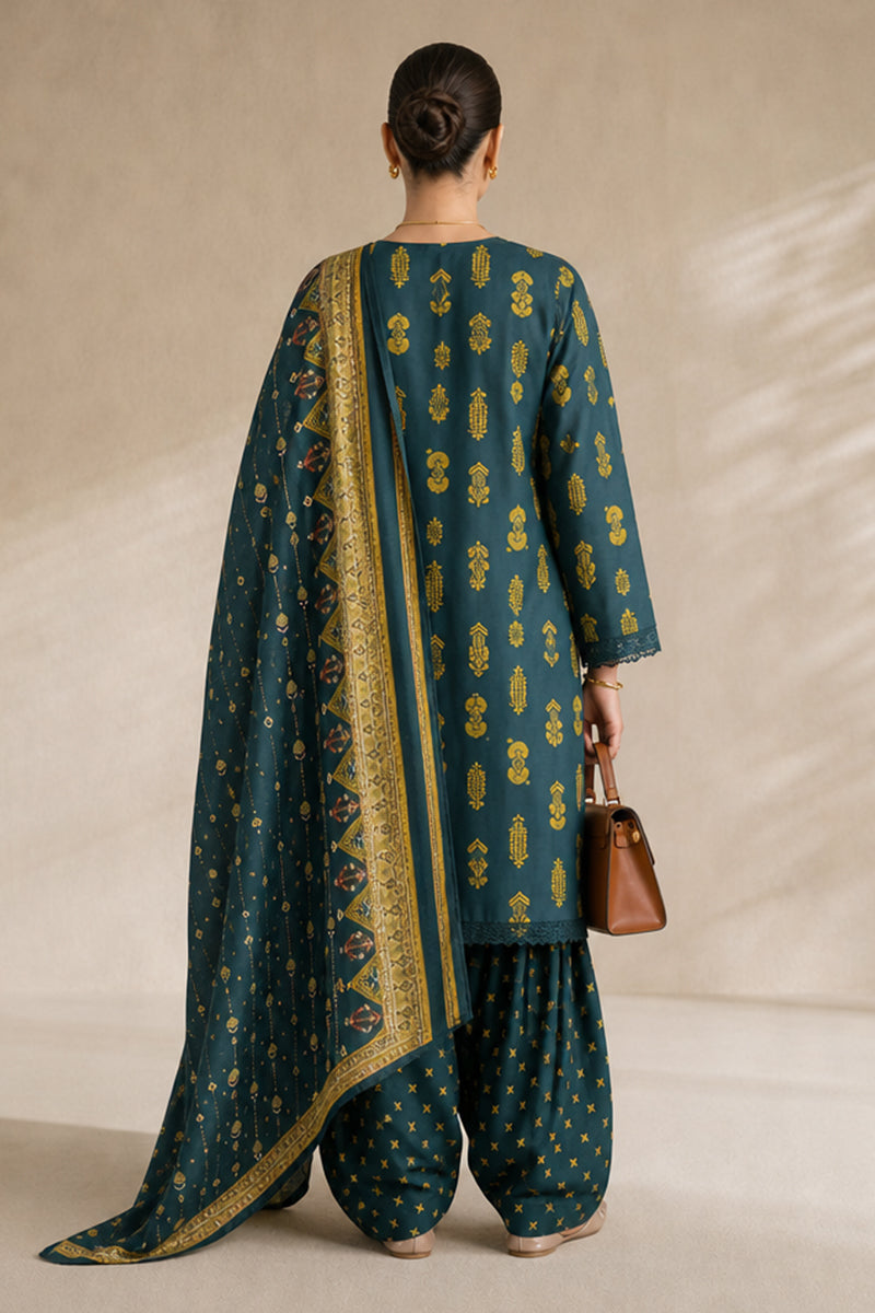 Khaadi (Vol.4) – 3 Piece Unstitched Printed Lawn Suit (Deep Teal & Mustard Yellow)