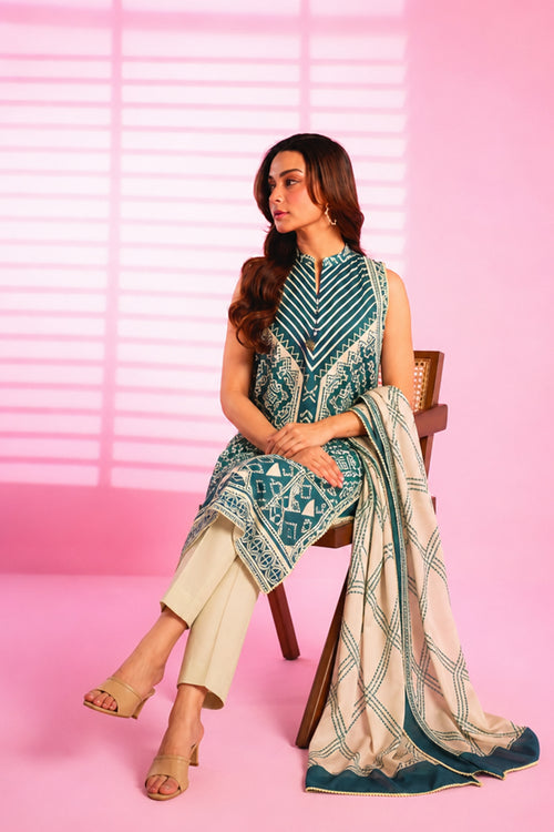 Alkaram – 3 Piece Unstiched Printed Lawn Suit (Teal & Cream)