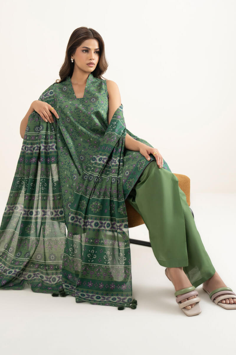 Sapphire (Vol.4) - 3PC Unstitched Printed Lawn Suit (Medium Sage Green)