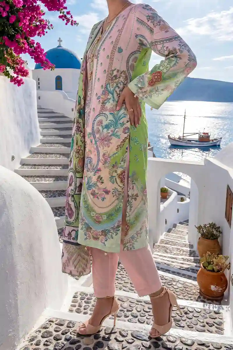 Aabruh Vol-1 3PC Unstitched Printed Lawn Suit (Pastel Pink & Pista)