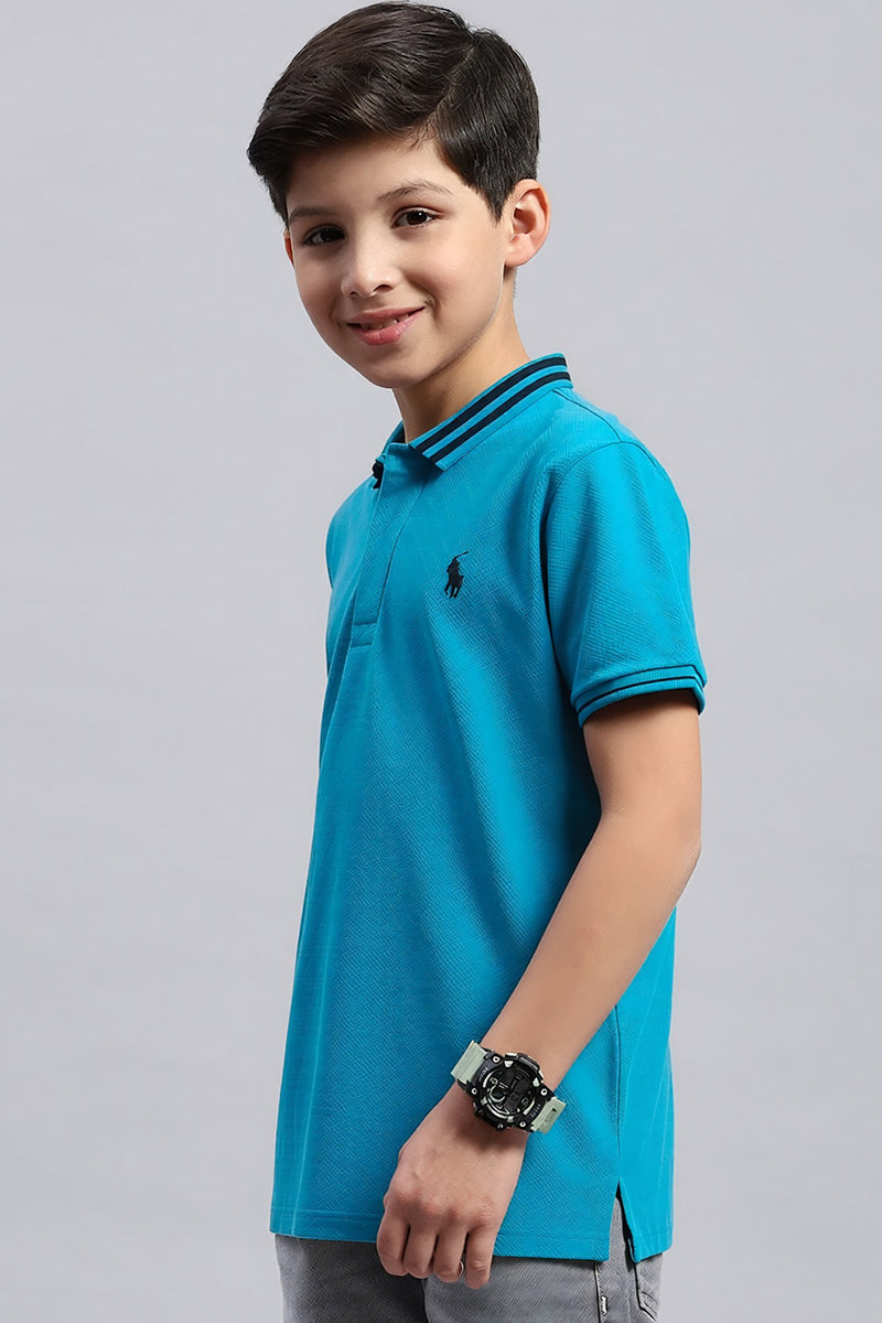 Boy's Textured Cotton Polo T-Shirt (Cerulean Blue)