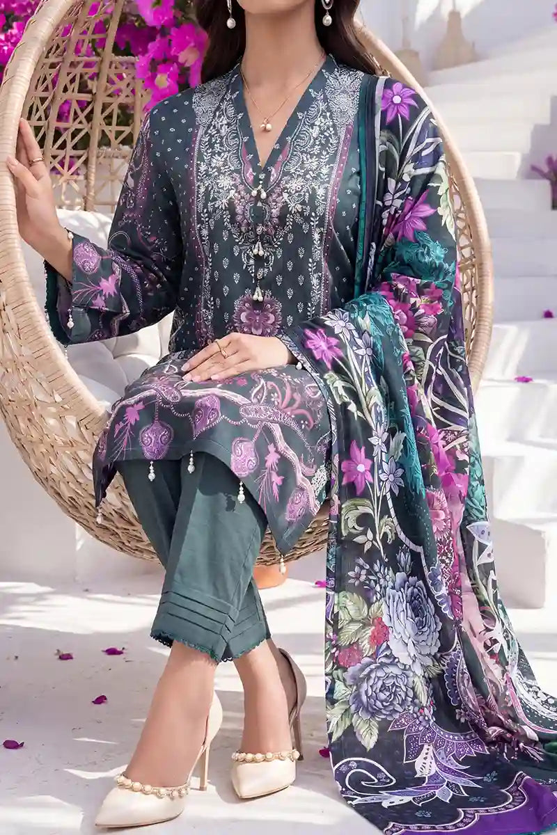 Aabruh Vol-1 3PC Unstitched Printed Lawn Suit (Dark Charcoal Slate & Vibrant Purple Floral)
