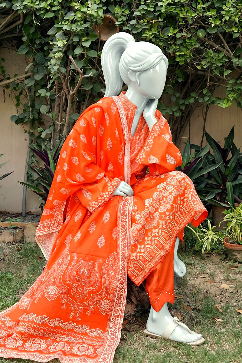 Aryana By KBC Fashion - 3PC Unstitched Printed Lawn Suit (Orange)