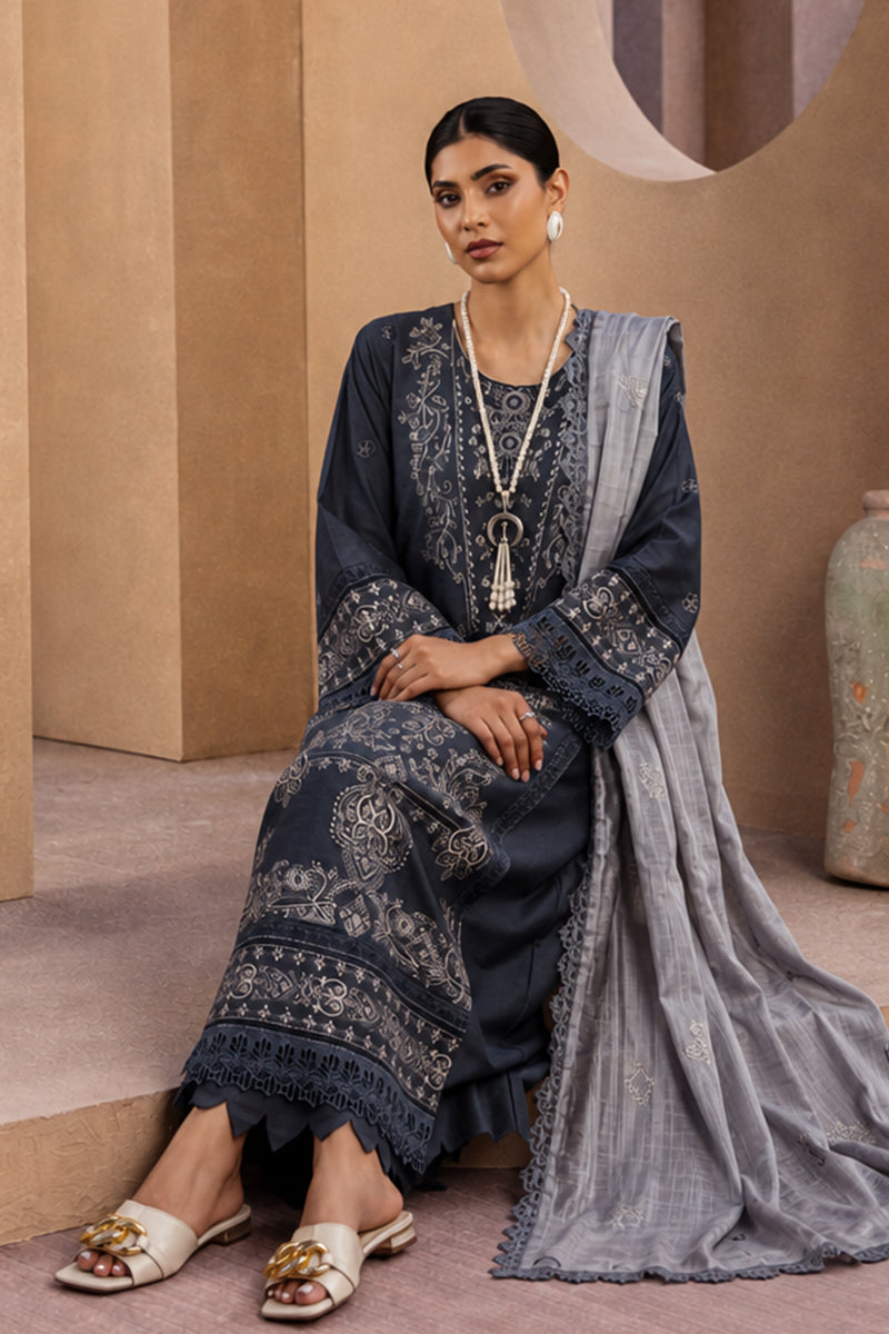Mahrin By Johra - Premium 3PC Unstitched Embroidered Lawn Suit (Midnight Blue & Gray)