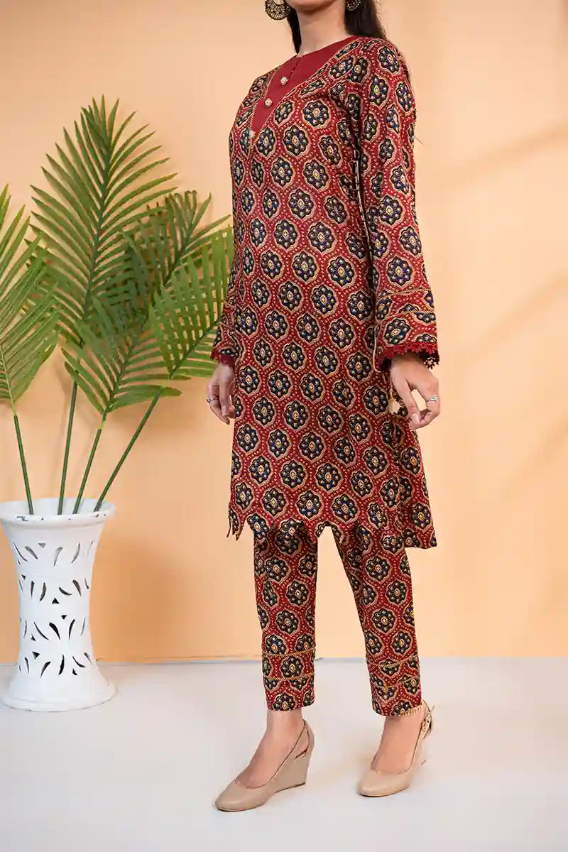 Naqsh Premium Printed Lawn Stitched Suit Set (Deep Crimson)