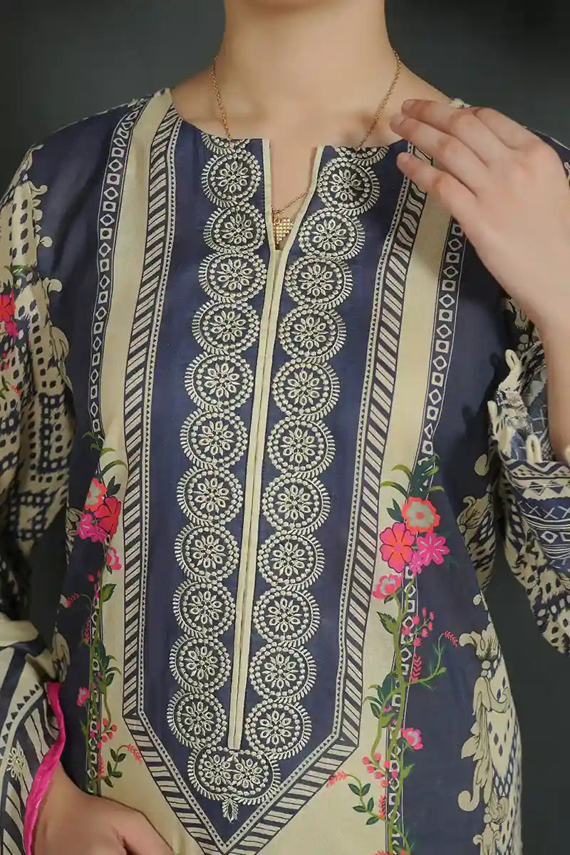 Mehrun by KBC Fashion Unstitched 3-Piece Lawn Collection (Charcoal Blue & Light Beige)