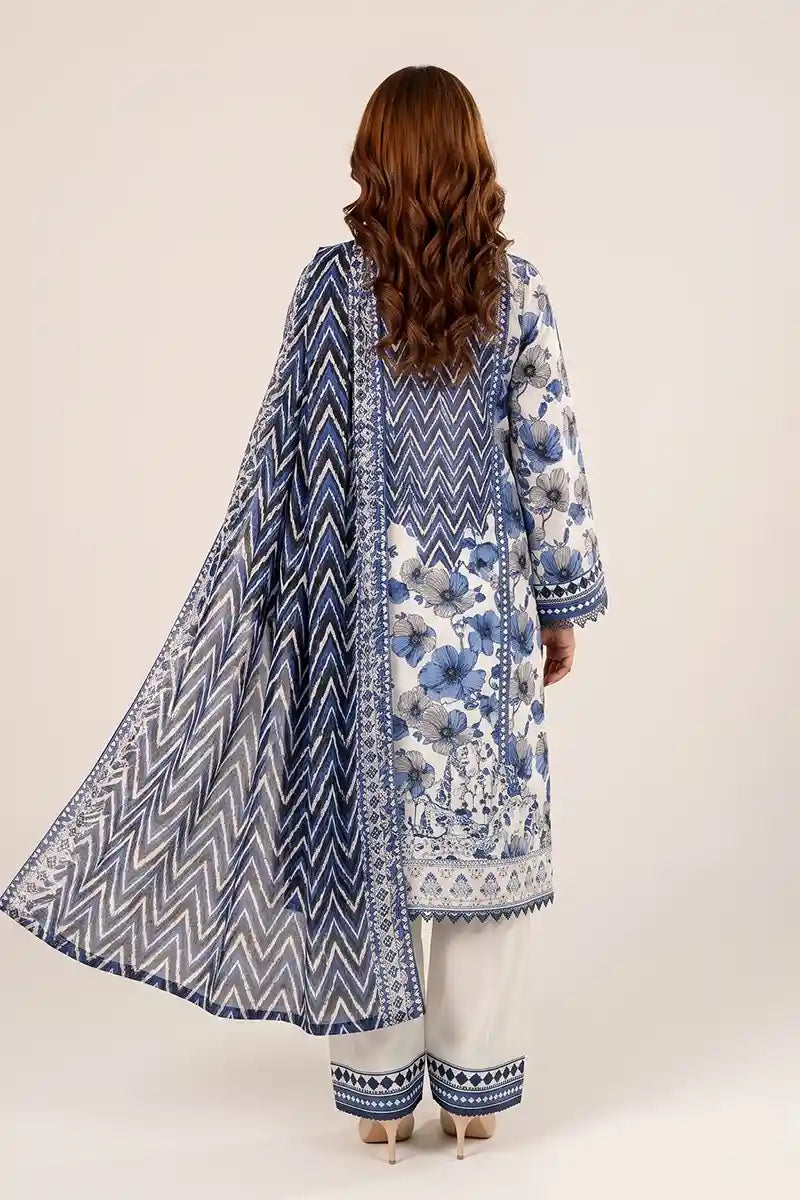 Zesh - 3PC Unstitched Embroidered Lawn Suit (Navy Blue & White)
