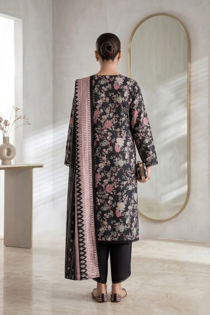 Khaadi – 3 Piece Unstitched Digital Printed Lawn Suit (Black & Rose Pink)
