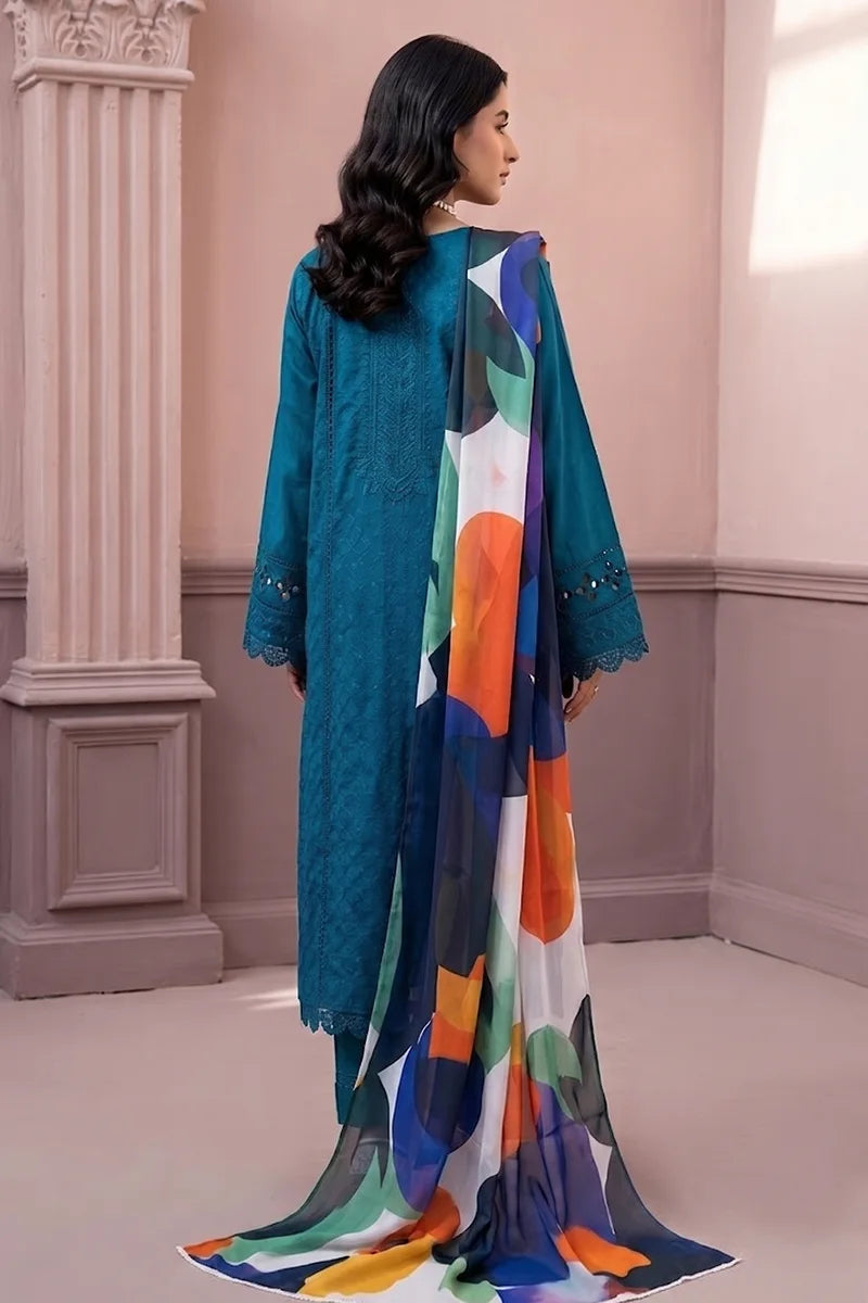 Gul-e-Seher By Johra - 3PC Unstitched Chikankari Lawn Suit (Deep Teal Blue)