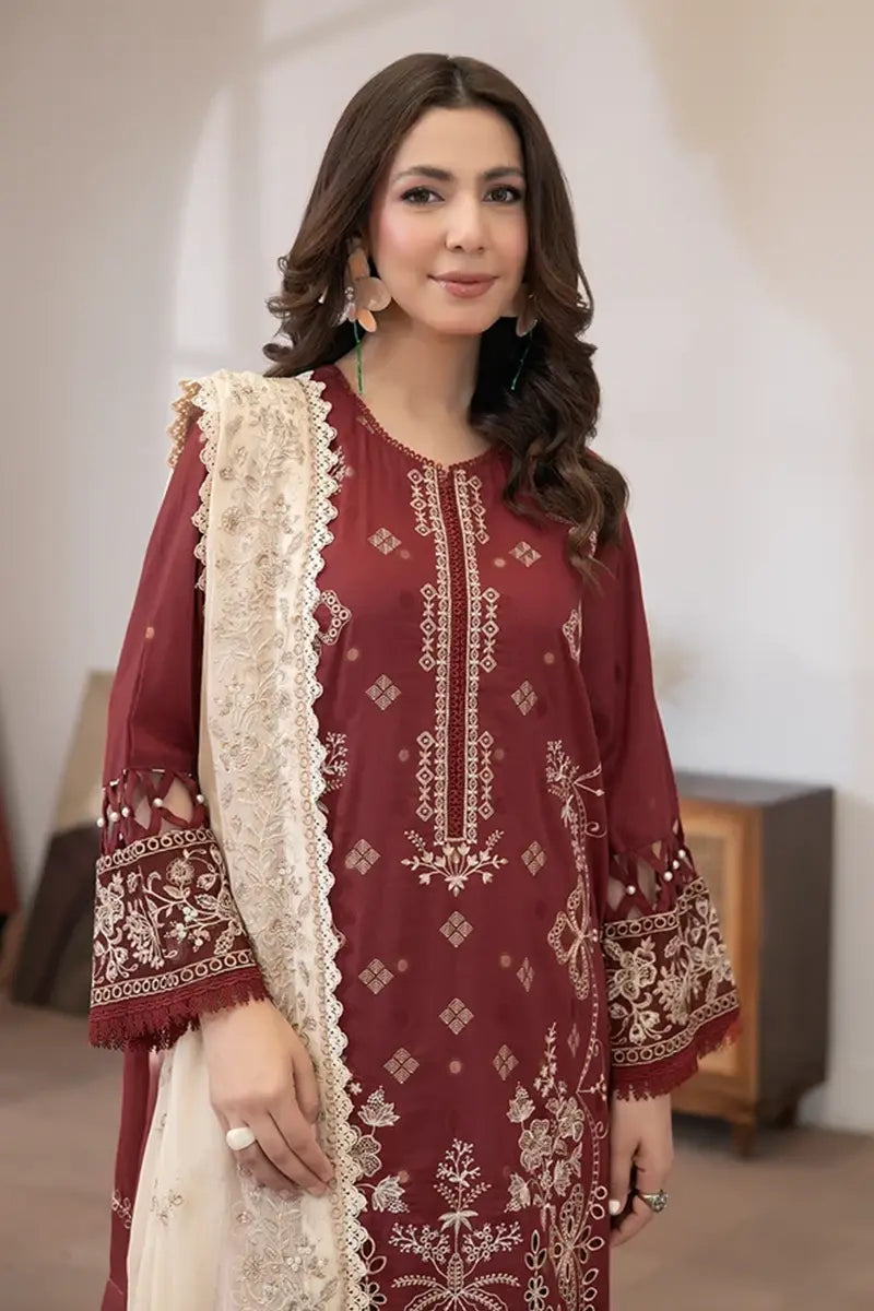 Aqua By Johra - 3PC Unstitched Embroidered Lawn Suit (Deep Maroon)