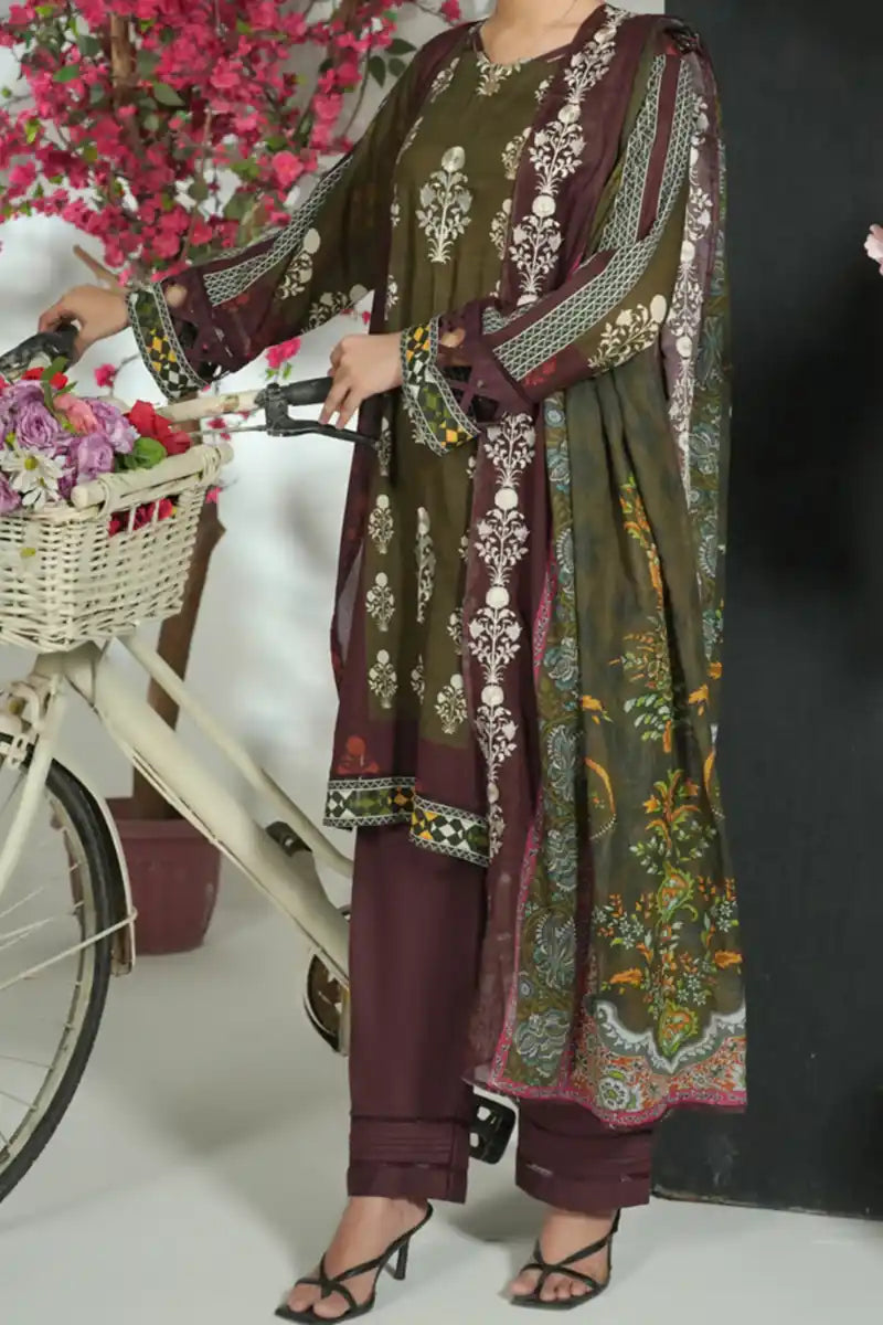 Mehrun by KBC Fashion Unstitched 3-Piece Lawn Collection (Deep Plum & Olive)