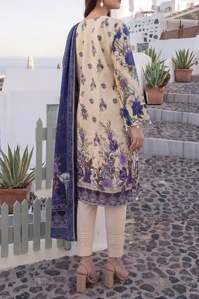 Aabruh Vol-1 3PC Unstitched Printed Lawn Suit (Creamy Vanilla & Deep Indigo Purple)