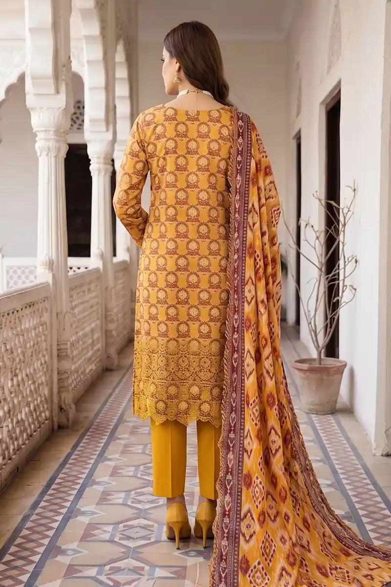 Zesh - 3PC Unstitched Embroidered Lawn Suit (Golden Ochre)