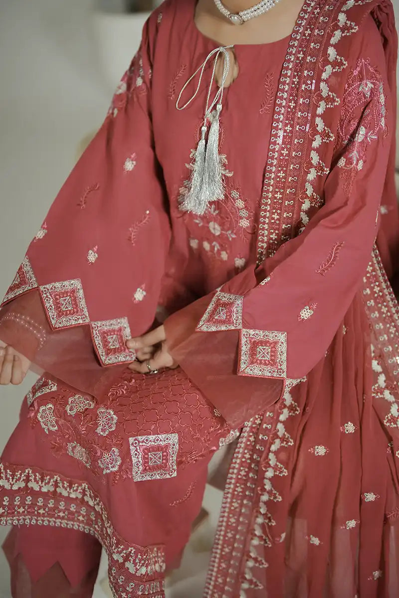 Prestige By KBC Fashion - 3 Piece Unstitched Embroidered Lawn Suit with Chiffon Dupatta (Mauve Pink)