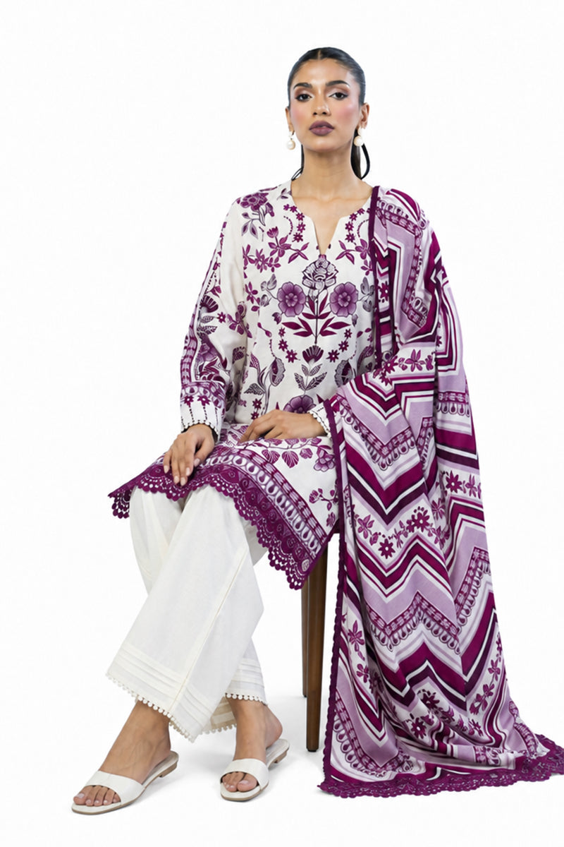 Khaadi – 3 Piece Unstiched Printed Lawn Suit (Magenta Purple & Off White)