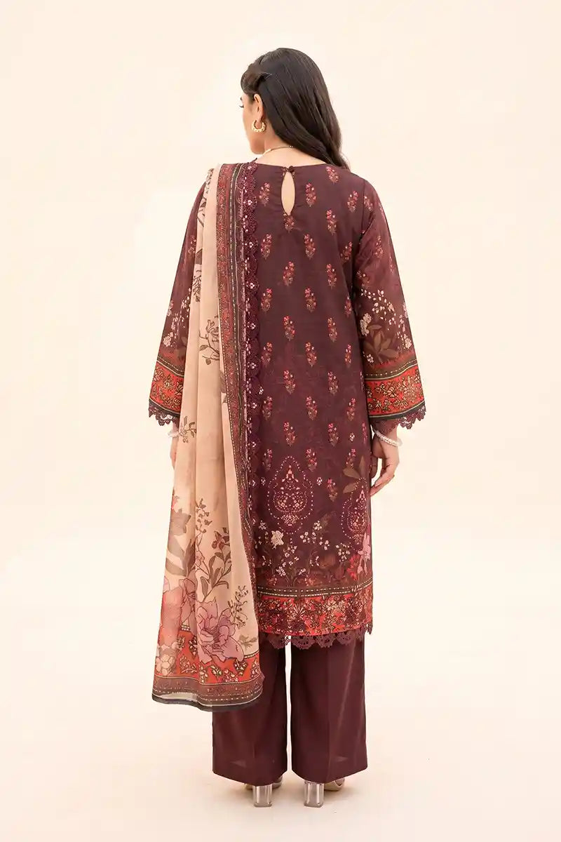 Zesh - 3PC Unstitched Embroidered Lawn Suit (Deep Maroon & Beige)