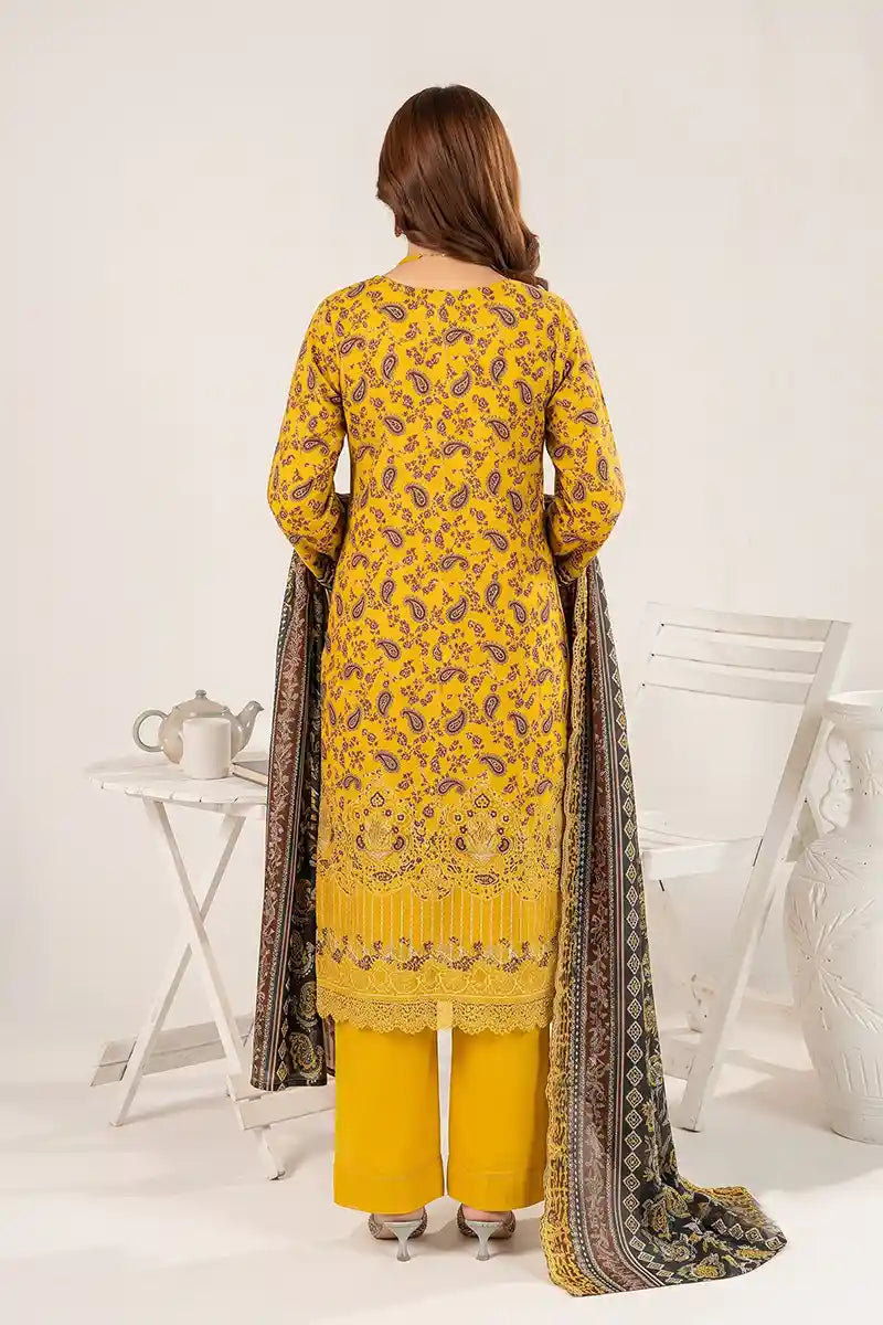 Zesh - 3PC Unstitched Embroidered Lawn Suit (Golden Yellow & Charcoal)