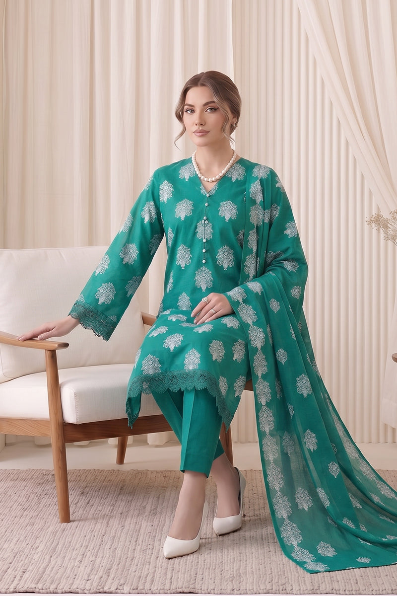 Gul Rang By Bareezé – 3-Piece Unstiched Printed Classic Lawn (Sea Green)